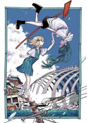 Rule 34 | 2girls, bespectacled, black footwear, black shorts, blonde hair, blue dress, blue eyes, blue sky, boots, character request, cloud, commentary, dress, eye contact, flip-flops, floating, food-themed hair ornament, giant skeleton, glasses, gunjou sanka (vocaloid), hair ornament, hatsune miku, highres, holding hands, hood, hood down, hoodie, long hair, looking at another, multiple girls, ocean, omao, on top of pole, pale skin, pinafore dress, pleated dress, power lines, profile, red-framed eyewear, red footwear, ruins, sandals, shirt, shoes, short hair, short sleeves, shorts, simple bird, skeleton, sky, sleeveless, sleeveless dress, smile, socks, twintails, upside-down, utility pole, vocaloid, water drop, watermelon hair ornament, white hoodie, white shirt, white socks