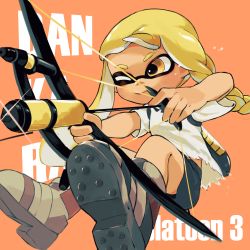 Rule 34 | ;), aiming, ankle boots, asymmetrical hair, beige footwear, black shorts, blonde hair, boots, bow (weapon), braid, closed mouth, copyright name, glint, highres, holding, holding bow (weapon), holding weapon, hoshizora, ink tank (splatoon), inkling, inkling girl, inkling player character, long hair, nintendo, one eye closed, orange background, orange eyes, shirt, shorts, simple background, single braid, smile, solo, sparkle, splatoon (series), splatoon 3, t-shirt, tentacle hair, torn clothes, torn shirt, weapon, white shirt