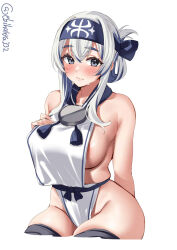 Rule 34 | 1girl, black thighhighs, blue eyes, blue hair, blush, breasts, closed mouth, ebifurya, folded ponytail, hair between eyes, highres, kamoi (kancolle), kantai collection, large breasts, multicolored hair, one-hour drawing challenge, sideboob, simple background, solo, thick eyebrows, thighhighs, thighs, twitter username, two-tone hair, white background, white hair