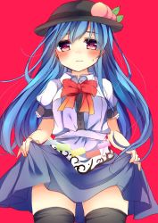 Rule 34 | 1girl, bad id, bad twitter id, black hat, black thighhighs, blue hair, blue skirt, blush, bow, bowtie, closed mouth, clothes lift, collared shirt, commentary request, cowboy shot, food, fruit, hair ornament, hat, highres, hinanawi tenshi, karasusou nano, leaf hair ornament, lifting own clothes, long hair, looking at viewer, one-hour drawing challenge, peach, purple hair, red background, red bow, red bowtie, shirt, short sleeves, simple background, skirt, skirt lift, solo, sweat, thighhighs, touhou, white shirt, zettai ryouiki