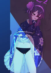 Rule 34 | 1girl, bad tag, black panties, blue archive, blush, clothes lift, floral print, flower, hair between eyes, hair flower, hair ornament, hairband, halo, haruka (blue archive), its2h35, japanese clothes, kimono, kimono lift, lifting own clothes, panties, purple eyes, purple hair, solo, tagme, underwear