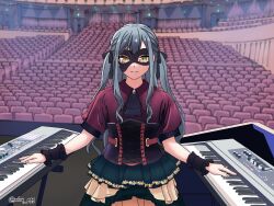 Rule 34 | 1girl, a whydc, ascot, bang dream!, bang dream! it&#039;s mygo!!!!!, black ascot, black ribbon, black skirt, black wrist cuffs, blue brooch, blue hair, brown corset, commentary, corset, hair ribbon, highres, instrument, keyboard (instrument), long hair, looking at viewer, mask, masquerade mask, photo-referenced, red shirt, ribbon, shirt, short sleeves, sidelocks, skirt, solo, symbol-only commentary, takao kanon, theater, togawa sakiko, twitter username, voice actor connection, wrist cuffs, yellow eyes