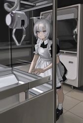Rule 34 | 1girl, absurdres, animal ears, apron, arcade, black dress, black footwear, blue eyes, cat ears, closed mouth, commentary, crane game, dress, expressionless, full body, highres, indoors, maid, maid apron, original, short hair, short sleeves, socks, solo, standing, white apron, white hair, white socks, zumochi