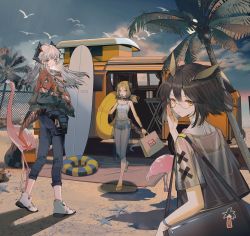 Rule 34 | arknights, bag, beach, beach mat, bird, blonde hair, brown hair, denim, denim shorts, eating, feather hair, feathers, flamingo, food, guitar, hands in pockets, highres, horns, ifrit (arknights), innertube, instrument, jacket, long hair, low twintails, orange eyes, palm tree, pants, popsicle, saria (arknights), seashell, shadow, shell, shoes, short hair, shorts, silence (arknights), slippers, starfish, surfboard, swim ring, tail, tree, twintails, vehicle, white hair, yellow eyes, youamo
