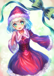 Rule 34 | 1girl, absurdres, alternate costume, backlighting, blue eyes, blue hair, blush, breasts, christmas, corset, cowboy shot, dress, fur-trimmed headwear, fur trim, gradient eyes, gradient hair, green eyes, hair between eyes, hand up, hat, highres, hinasumire, komeiji koishi, long sleeves, looking at viewer, matching hair/eyes, multicolored eyes, multicolored hair, open mouth, red dress, ribbon, santa hat, silver hair, small breasts, smile, solo, touhou