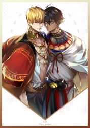 Rule 34 | 2018, 2boys, ahoge, armor, bare pectorals, black hair, blonde hair, cape, dark-skinned male, dark skin, earrings, fate/grand order, fate/prototype, fate/prototype: fragments of blue and silver, fate (series), gilgamesh (fate), highres, jewelry, male focus, multiple boys, necklace, official alternate costume, ozymandias (fate), pectorals, pvc parfait, red eyes, yellow eyes
