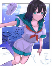 Rule 34 | 1girl, anchor symbol, black hair, boots, breasts, cleavage, closed mouth, collarbone, commentary request, green eyes, green sailor collar, hat, high heel boots, high heels, highres, hinahinagasi, murasa minamitsu, neckerchief, red neckerchief, sailor, sailor collar, sailor hat, sailor shirt, shirt, short hair, short sleeves, shorts, small breasts, smile, touhou, white footwear, white headwear, white shirt, white shorts