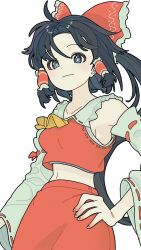 Rule 34 | 1girl, alternate hairstyle, ascot, black hair, blue eyes, bow, closed mouth, commentary request, cowboy shot, detached sleeves, frilled bow, frilled hair tubes, frilled shirt collar, frills, hair bow, hair tubes, hakurei reimu, hand on own hip, highres, light smile, long hair, looking at viewer, midriff, navel, parted bangs, ponytail, red skirt, red vest, ribbon-trimmed sleeves, ribbon trim, simple background, skirt, solo, sukoya tsukasa, touhou, very long hair, vest, white background, white sleeves, wide sleeves, yellow ascot