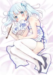 Rule 34 | 1girl, :o, bed sheet, blue eyes, blue hair, china dress, chinese clothes, double bun, dress, floral print, hair bun, hand fan, highres, holding, holding smoking pipe, kiseru, kuuki shoujo, light blue hair, long hair, lying, on side, pelvic curtain, side slit, sleeveless, smoking pipe, solo, the personfication of atmosphere, the personification of atmosphere, thighhighs, twintails, white theme, white thighhighs