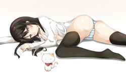 Rule 34 | 1girl, 7gao, ass, black hair, black thighhighs, blush, breasts, cat, collarbone, dress shirt, hair between eyes, highres, long hair, long sleeves, looking at viewer, lying, on side, open clothes, open shirt, original, panties, parted lips, shiny skin, shirt, simple background, small breasts, solo, striped clothes, striped panties, thighhighs, underboob, underwear, white background, white shirt, yellow eyes