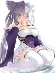 Rule 34 | 1girl, anchor symbol, ariso kaoru, azur lane, bare shoulders, blue eyes, breasts, china dress, chinese clothes, cleavage, cone hair bun, detached sleeves, dress, hair bun, highres, large breasts, long hair, looking at viewer, manjuu (azur lane), purple dress, simple background, thighhighs, two-tone dress, very long hair, white background, white dress, white thighhighs, wide sleeves, ying swei (azur lane)