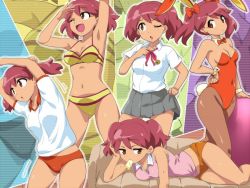 Rule 34 | 1girl, bikini, blush, breasts, cleavage, closed mouth, commentary, earrings, hairu, hinata natsumi, jewelry, keroro gunsou, leotard, looking at viewer, open mouth, pantyhose, pink hair, playboy bunny, red eyes, red hair, school uniform, short hair, smile, solo, swimsuit, twintails