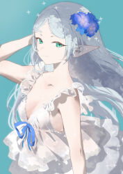 Rule 34 | 1girl, aqua background, breasts, collarbone, dress, elf, flower, frieren, green eyes, grey hair, hair flower, hair ornament, highres, light smile, long hair, looking at viewer, parted bangs, pointy ears, salmon88, simple background, sleeveless, sleeveless dress, small breasts, solo, sousou no frieren, upper body, very long hair, white dress