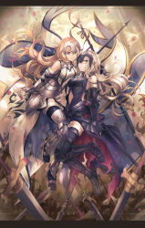 Rule 34 | 2girls, armor, armored boots, armored dress, black dress, black gloves, black legwear, blonde hair, blue eyes, boots, border, braid, capelet, chain, character name, dress, fate/grand order, fate (series), faulds, flag, fur trim, gauntlets, gloves, headpiece, jeanne d&#039;arc (fate), jeanne d&#039;arc (ruler) (fate), jeanne d&#039;arc (third ascension) (fate), jeanne d&#039;arc alter (avenger) (fate), jeanne d&#039;arc alter (avenger) (third ascension) (fate), jeanne d&#039;arc alter (fate), long hair, looking at viewer, multiple girls, plackart, standard bearer, sword, text focus, thighhighs, weapon, white dress, yellow eyes, yunohito