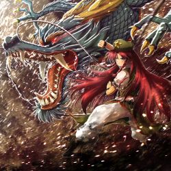 Rule 34 | absurdres, aqua eyes, blue eyes, braid, dragon, eastern dragon, fighting stance, hat, highres, hong meiling, huge filesize, long hair, open mouth, oubachiago, red eyes, red hair, serious, touhou, twin braids