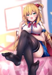 Rule 34 | 1girl, :d, akai haato, akai haato (1st costume), aqua eyes, black thighhighs, blonde hair, blush, breasts, commentary, crossed legs, fang, feet, hair ornament, hair ribbon, heart, heart hair ornament, highres, hololive, large breasts, long hair, looking at viewer, open mouth, ribbon, school uniform, shiki (catbox230123), short sleeves, sitting, smell, smile, solo, steaming body, thighhighs, very long hair, virtual youtuber