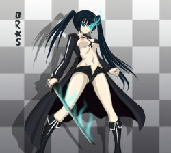 Rule 34 | 10s, 1girl, an-bl, black hair, black rock shooter, black rock shooter (character), blue eyes, breasts, coat, glowing, glowing eyes, katana, large breasts, long hair, nipples, solo, sword, twintails, weapon