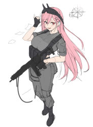 Rule 34 | 1girl, absurdres, alternate costume, ammunition belt, ammunition pouch, arm up, assault rifle, belt, beruko14, black belt, black footwear, black gloves, blush, boots, breasts, eyewear on head, fang, fingerless gloves, full body, girls&#039; frontline, gloves, grey pants, grey shirt, gun, hair ornament, hairpin, highres, holding, holding gun, holding weapon, large breasts, long hair, looking at viewer, mole, mole under eye, open mouth, pants, pink hair, police, police uniform, policewoman, pouch, red eyes, rifle, safety glasses, shirt, sig mcx (girls&#039; frontline), sig mcx, sleeves rolled up, smile, solo, standing, tactical clothes, uniform, weapon, white background