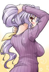 Rule 34 | 1girl, adjusting hair, akou roushi, blush, breasts, bunching hair, crescent, female focus, from behind, impossible clothes, impossible sweater, large breasts, long hair, looking back, nape, ponytail, purple hair, red eyes, ribbed sweater, narrow waist, solo, star (symbol), sweater, touhou, upper body, watatsuki no yorihime