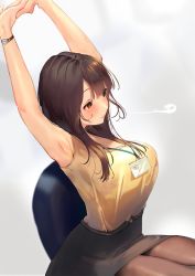 Rule 34 | 1girl, armpits, arms up, belt, black belt, black pantyhose, black skirt, blush, brown eyes, brown hair, chair, closed mouth, commentary request, grey background, highres, id card, inushima, lanyard, long hair, office lady, original, own hands together, pantyhose, pencil skirt, pink lips, shirt, shirt tucked in, sitting, skirt, sleeveless, sleeveless shirt, solo, stretching, tank top, thick thighs, thighs, watch, yellow tank top