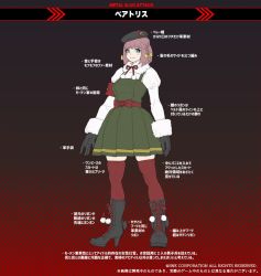 Rule 34 | beatriz (metal slug), beret, black footwear, blue eyes, boots, braid, character name, concept art, dress, full body, gloves, hat, high heel boots, high heels, leather, leather gloves, metal slug, metal slug attack, official art, red thighhighs, snk, standing, thighhighs