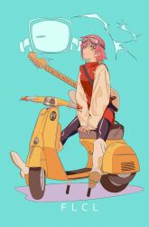 Rule 34 | 1girl, aqua background, bass guitar, blonde hair, boots, expressionless, flcl, full body, goggles, goggles on head, haruhara haruko, highres, instrument, jacket, looking at viewer, motor vehicle, on scooter, pink hair, rickenbacker 4001, scooter, semham, short hair, solo, vespa