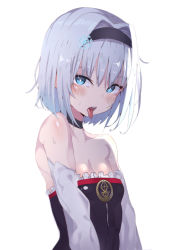 Rule 34 | 10s, 1girl, :p, backlighting, bare shoulders, blue eyes, blush, breasts, bright pupils, choker, cleavage, cosplay, detached sleeves, fate/grand order, fate (series), hair intakes, hair ornament, hairband, helena blavatsky (fate), helena blavatsky (fate) (cosplay), k pring, looking at viewer, open mouth, ryuuou no oshigoto!, sefirot, short hair, silver hair, simple background, small breasts, snowflake hair ornament, solo, sora ginko, sweat, tongue, tongue out, white background, white pupils