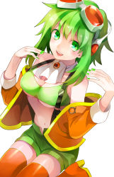 Rule 34 | 1girl, :d, absurdres, breasts, crop top, fingernails, from above, goggles, goggles on head, green eyes, green hair, green nails, green shirt, green shorts, gumi, happy, highres, jacket, unworn jacket, looking at viewer, looking up, medium breasts, midriff, nail polish, navel, open mouth, orange jacket, orange thighhighs, q-chiang, red-tinted eyewear, seiza, shirt, short hair, short hair with long locks, shorts, simple background, sitting, smile, solo, suspender shorts, suspenders, teeth, thighhighs, tinted eyewear, underboob, upper teeth only, vocaloid, white background, zettai ryouiki