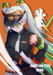 Rule 34 | 1girl, armband, black coat, character name, closed mouth, coat, commentary, creatures (company), detached sleeves, fighting miku (project voltage), food, fuumeh, game freak, gen 8 pokemon, gloves, gradient hair, green armband, green hair, hair ornament, hatsune miku, highres, holding, holding food, holding spring onion, holding vegetable, long hair, looking at viewer, multicolored hair, necktie, nintendo, orange background, orange eyes, pokemon, pokemon (creature), project voltage, shadow, simple background, single detached sleeve, sirfetch&#039;d, spring onion, twintails, twitter username, two-tone hair, vegetable, very long hair, visor cap, vocaloid, white gloves, white necktie