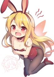 Rule 34 | 2girls, ^^^, animal ears, areola slip, baku-p, bare arms, bare shoulders, blonde hair, blush, breasts, brown legwear, cleavage, collarbone, commentary request, fairy wings, fake animal ears, full body, hair between eyes, hairband, hat, high heels, highres, leotard, lily black, lily white, long hair, looking at viewer, multiple girls, nose blush, open mouth, pantyhose, playboy bunny, rabbit ears, red eyes, red footwear, red hairband, red leotard, shoes, simple background, small breasts, solo focus, strapless, strapless leotard, sweat, tears, thumbs up, touhou, very long hair, white background, wings