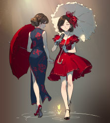 Rule 34 | 2girls, black dress, black footwear, brown hair, character request, china dress, chinese clothes, devotion, dress, du meishin, earrings, flower, full body, gloves, hair bun, hair ornament, highres, holding, holding umbrella, jewelry, lipstick, looking at another, looking back, makeup, microphone, multiple girls, necklace, pearl necklace, red dress, red footwear, red umbrella, ripples, shoes, short hair, short sleeves, side slit, single hair bun, sleeveless, sleeveless dress, smile, standing, swept bangs, tennohi, umbrella, walking, white gloves, white umbrella, yellow flower