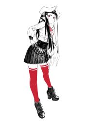 Rule 34 | 1girl, animal ear fluff, animal ears, black footwear, black hair, black skirt, boots, closed mouth, collared shirt, commentary request, hand on own hip, high heel boots, high heels, highres, horns, jaco, leaning to the side, long hair, long sleeves, neck ribbon, original, pleated skirt, puffy long sleeves, puffy sleeves, red eyes, red ribbon, red thighhighs, ribbon, shirt, simple background, skirt, solo, standing, thighhighs, thighhighs under boots, very long hair, white background, white shirt