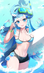Rule 34 | 1girl, absurdres, alternate costume, bikini, bikini top only, blue bikini, blue eyes, blue hair, breasts, collarbone, glasses, goggles, goggles on head, highres, hololive, hololive indonesia, kobo kanaeru, long hair, looking at viewer, medium breasts, navel, ocean, open mouth, shorts, sky, solo, swimsuit, three twosix, virtual youtuber