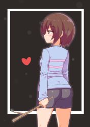 Rule 34 | 1girl, ass, bike shorts, black background, branch, breasts, brown eyes, brown hair, cougar (cougar1404), expressionless, female frisk (undertale), frisk (undertale), from behind, heart, short hair, sideboob, solo, sweater, undertale