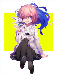 Rule 34 | 1girl, black-framed eyewear, black pantyhose, black skirt, blush, coat, creature, duffel coat, fate/grand order, fate (series), fou (fate), glasses, hair over one eye, hakusai (tiahszld), looking at viewer, mash kyrielight, mash kyrielight (fgo x lawson), miniskirt, official alternate costume, on shoulder, open mouth, pantyhose, pink hair, plaid, plaid skirt, purple eyes, short hair, sitting, skirt, smile, solo, two-tone background, white background, yellow background
