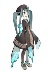 Rule 34 | 1girl, ah 211, black hat, blue eyes, blue hair, blue wings, brown dress, brown footwear, brown necktie, bug miku (project voltage), butterfly wings, commentary request, creatures (company), dress, eyeshadow, fake wings, full body, game freak, grey eyeshadow, hair between eyes, hat, hatsune miku, highres, insect wings, korean commentary, long hair, long sleeves, looking at viewer, makeup, necktie, nintendo, parted lips, pokemon, project voltage, shoes, simple background, solo, standing, twintails, very long hair, vocaloid, white background, wings