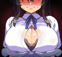 1girl black_bra black_hair blue_ribbon blush bra breast_focus breasts cleavage closed_mouth collared_shirt commentary_request disembodied_hand gloves grabbing_another&#039;s_breast groping head_out_of_frame kantai_collection large_breasts long_hair neck_ribbon nose_blush oyashio_(kancolle) ribbon shirt simple_background solo sweat taketora_suzume underwear upper_body white_gloves white_shirt