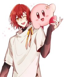 Rule 34 | 1boy, ;d, black shirt, commentary request, creature, creature on shoulder, flower, hair between eyes, hair flower, hair ornament, hairclip, hanasaki miyabi, hand up, highres, holostars, kirby, kirby (series), kiri tmt, layered sleeves, light blush, long sleeves, looking at viewer, male focus, nintendo, on shoulder, one eye closed, open mouth, red hair, ribbon, shirt, shirt under shirt, short hair, short over long sleeves, short sleeves, simple background, sleeves past wrists, smile, star (symbol), teeth, turtleneck, upper body, upper teeth only, virtual youtuber, white background, white shirt, yellow eyes, yellow ribbon