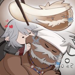 Rule 34 | 1boy, 1girl, affectionate, age difference, bara, biting, braid, cheek biting, dark-skinned male, dark skin, deformed, facial mark, final fantasy, final fantasy xiv, headband, highres, hyur, imagining, interracial, jewelry, long hair, loving aura, lyon rem helsos, mature male, muscular, muscular male, necklace, nervous sweating, notesonlyonpii, old, old man, scar, scar on face, scar on nose, side braid, size difference, solid circle eyes, sweat, tooth necklace, tribal, upper body, warrior of light (ff14), white hair, white headband