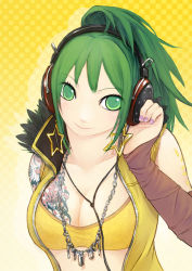Rule 34 | 1girl, arm warmers, cpux4, earrings, green eyes, green hair, headphones, jewelry, long coat, looking up, matching hair/eyes, nail polish, necklace, ponytail, purple nails, sleeveless, smile, solo, sonika, star (symbol), tattoo, vocaloid, zipper