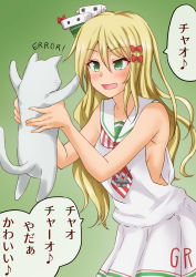 Rule 34 | 1girl, 1other, anchor, anti (untea9), batsubyou, blonde hair, cat, clothes writing, commentary request, dress, gradient background, grecale (kancolle), green background, green eyes, hat, highres, kantai collection, long hair, mini hat, open mouth, pink ribbon, ribbon, sailor collar, sailor dress, side-tie dress, sleeveless, sleeveless dress, striped neckwear, tan, translation request, twitter username, white dress, white headwear, white sailor collar