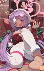 Rule 34 | 1girl, absurdres, blue archive, blue eyes, blush, boots, breasts, brick wall, fake antlers, hair ornament, hairclip, halo, hanae (blue archive), hanae (christmas) (blue archive), heart, heart hair ornament, highres, indoors, keureu (tiqkdtiqkd10), knee up, long hair, long sleeves, looking at viewer, medium breasts, official alternate costume, one eye closed, open mouth, pantyhose, purple hair, rabbit, red sweater, ribbon, sitting, solo, sweater, tearing up, twintails, very long hair, white pantyhose