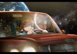 Rule 34 | 1girl, bag, blonde hair, blue eyes, book, car, cat, commentary, crying, cup, dark, driving, earth (planet), floating hair, food, frown, hairband, handbag, kitten, letterboxed, motor vehicle, original, pine (yellowpine112), planet, reflection, serious, short hair, solo, space, star (symbol), starry background, stuffed animal, stuffed toy, surreal, teacup, tears, teddy bear, thermos, toothbrush, turtleneck, waffle, wavy mouth, zero gravity