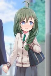 Rule 34 | 1boy, 1girl, @ @, ahoge, bag, blue eyes, blurry, blurry background, braid, cardigan, collared shirt, commentary request, day, depth of field, green hair, green neckwear, grey cardigan, grey skirt, hair between eyes, hair over shoulder, highres, holding hands, long sleeves, necktie, nenosame, outdoors, plaid neckwear, pleated skirt, princess connect!, school bag, school uniform, shirt, single braid, skirt, sleeves past wrists, solo focus, white shirt, yuni (princess connect!), yuni (real) (princess connect!)