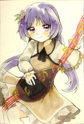 Rule 34 | 1girl, biwa lute, black neckwear, black ribbon, blush, brown dress, closed mouth, dress, flower, hair flower, hair ornament, highres, instrument, long hair, long sleeves, looking at viewer, lute (instrument), maa (forsythia1729), music, musical note, playing instrument, purple eyes, purple hair, ribbon, simple background, smile, touhou, traditional media, tsukumo benben, twintails, white background, white sleeves