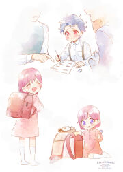 Rule 34 | 2boys, 2girls, aged down, artist name, backpack, bag, blush, bob cut, cat, child, collared shirt, dress, eraser, family, full body, grey hair, head out of frame, highres, holding, holding pencil, kneeling, krudears, long sleeves, looking back, multiple boys, multiple girls, multiple views, no shoes, open mouth, parent and child, pencil, pink dress, pink hair, pointing, protagonist (tokimemo gs3), purple eyes, red eyes, shirt, shitara seiji, short hair, smile, socks, suspenders, tokimeki memorial, tokimeki memorial girl&#039;s side 3rd story, tongue, tongue out, twitter username, white shirt, white socks