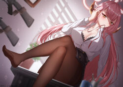 Rule 34 | 1girl, aru (blue archive), black bra, blue archive, bra, breasts, brown eyes, cleavage, crossed legs, cup, desk, feet, glasses, gun, tucking hair, halo, highres, horns, large breasts, long hair, looking at viewer, m16, m16a4, miniskirt, no bra, no shoes, pantyhose, pen, pink hair, plant, school uniform, shirt, sitting, skirt, soles, toes, translucent, underwear, weapon, white shirt, z shitei ero