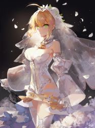 Rule 34 | 10s, 1girl, ahoge, artist name, bare shoulders, belt, belt skirt, black background, blonde hair, bodysuit, breasts, bridal veil, chain, cleavage, closed mouth, commentary, cowboy shot, detached collar, detached sleeves, fate/extra, fate/extra ccc, fate (series), flower, from side, full-length zipper, gloves, green eyes, hair between eyes, hg (pixiv16108795), holding, holding weapon, large breasts, leotard, light smile, lock, long sleeves, looking at viewer, nero claudius (bride) (fate), nero claudius (bride) (second ascension) (fate), nero claudius (fate), nero claudius (fate) (all), padlock, parted bangs, petals, puffy detached sleeves, puffy sleeves, rose, short hair with long locks, showgirl skirt, sideboob, sidelocks, signature, simple background, skirt, smile, solo, standing, strapless, strapless leotard, thighhighs, turtleneck, veil, weapon, white flower, white gloves, white leotard, white rose, white skirt, white thighhighs, wide sleeves, zipper
