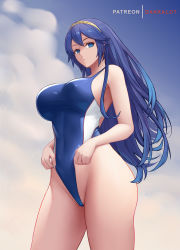Rule 34 | 1girl, alternate breast size, alternate color, artist name, blue eyes, blue hair, breasts, competition swimsuit, dakkalot, fire emblem, fire emblem awakening, floating hair, gold hairband, hairband, large breasts, long hair, looking down, lucina (fire emblem), nintendo, one-piece swimsuit, pursed lips, sky, solo, swimsuit