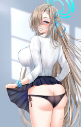 Rule 34 | 1girl, ass, asuna (blue archive), black panties, black skirt, blonde hair, blue archive, blue eyes, blue ribbon, blue scrunchie, blush, breasts, butt crack, clothes lift, from behind, hair over one eye, hair ribbon, halo, highres, large breasts, long hair, looking back, match (scp115), open mouth, panties, pleated skirt, ribbon, scrunchie, shirt, side-tie panties, skirt, skirt lift, solo, underwear, white shirt, wrist scrunchie